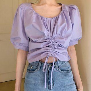 Drawstring Elbow-sleeve Cropped Blouse