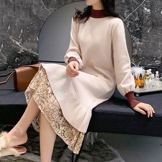 Mock Two-piece Long-sleeve Mock Neck Lace Panel Midi Knit Dress