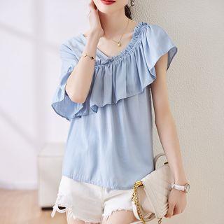 Bell-sleeve Ruffled Asymmetrical Chiffon Blouse