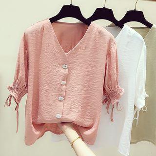 Elbow-sleeve Ribbon Buttoned Top