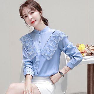 Long-sleeve Lace Trim Stand Collar Chiffon Shirt