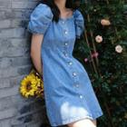 Puff-sleeve Denim Button Mini A-line Dress