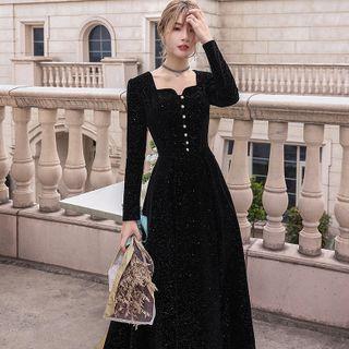 Long-sleeve Glitter Sheath Evening Gown