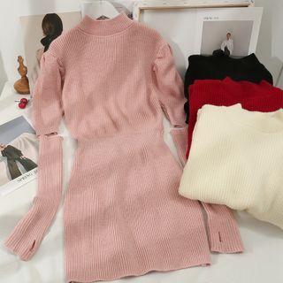 Puff-sleeve Mock-neck Knit Mini Dress With Gloves