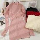 Puff-sleeve Mock-neck Knit Mini Dress With Gloves