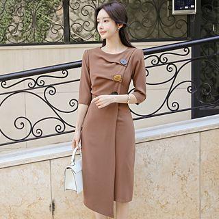 3/4-sleeve Asymmetric Midi Dress