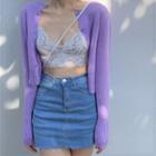 Spaghetti Strap Lace Crop Top / High-waist Fitted Mini Skirt / Cardigan