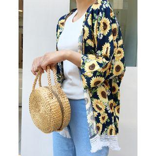 Fringe-trim Sunflower Pattern Cardigan