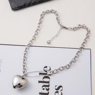 Heart Safety Pin Pendant Stainless Steel Necklace Silver - One Size
