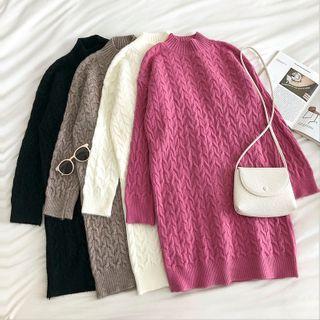 Plain Crewneck Long-sleeve Cable-knit Dress
