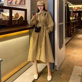 Long-sleeve Plain Long Coat With Belt