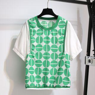 Short-sleeve Round-neck Dotted Mock Two-piece Panel Top