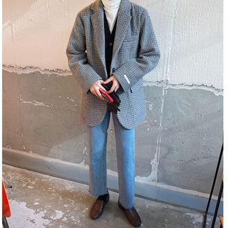 Padded-shoulder Wool Blend Check Blazer