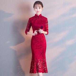 Elbow-sleeve Lace Mermaid Midi Prom Dress