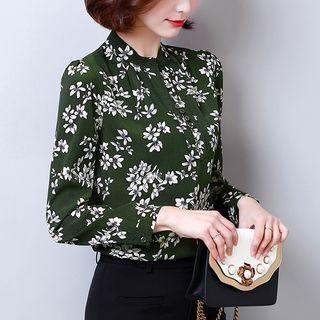 Long-sleeved Floral Print Chiffon V-neck Slim Shirt