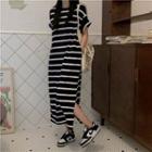 Elbow Sleeve Side-silt Striped T-shirt Dress As Shown In Figure - One Size