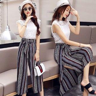 Set: Lace Top + Patterned Gaucho Pants