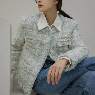 Faux-fur Lined Tweed Jacket Sky Blue - One Size