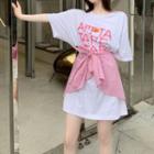 Set: Elbow-sleeve Lettering Print T-shirt + Shawl