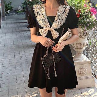 Puff-sleeve Lace Trim A-line Dress / Mini Dress