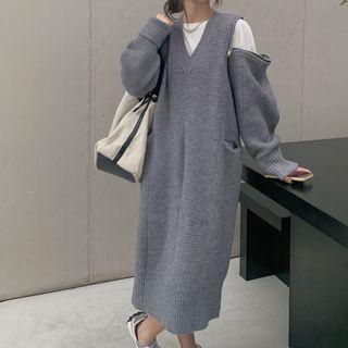 V-neck Loose-fit Knit Dress Gray - One Size