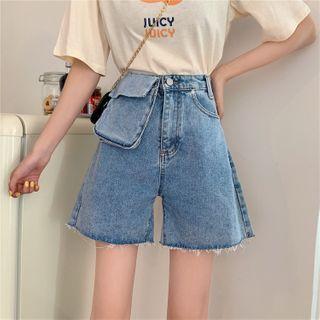Inset Belt Bag Straight-leg Denim Shorts
