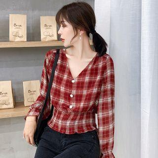 Plaid Long-sleeve V-neck Chiffon Blouse
