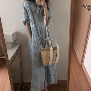 Elbow-sleeve Striped Shirt Dress Striped - Blue - One Size