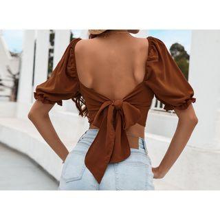 Puff Sleeve Plain Bow Back Crop Blouse
