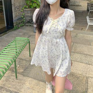 Short-sleeve Floral Printed Lace Up Mini Dress