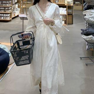 Long-sleeve V-neck Lace Trim Midi Dress Almond - One Size