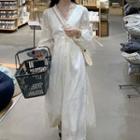 Long-sleeve V-neck Lace Trim Midi Dress Almond - One Size
