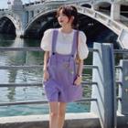 Puff-sleeve Plain Blouse / Pocket Detail Jumper Shorts / Set
