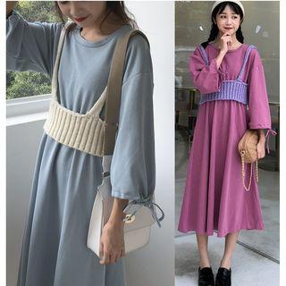 Spaghetti Strap Knit Top / 3/4-sleeve A-line Midi Knit Dress