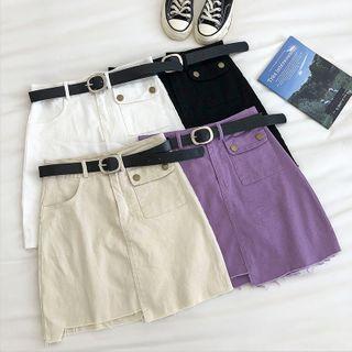 Asymmetric Frayed High-waist Washed Denim Skirt