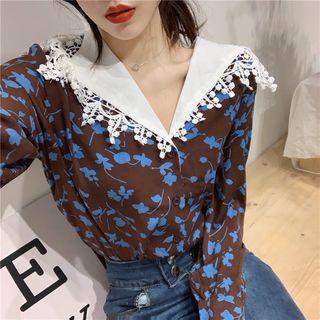 Lace Trim Long-sleeve Floral Blouse