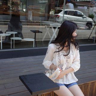 3/4-sleeve Tie-front Embroidered Top