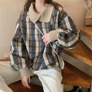 Plaid Loose-fit Sweater Almond - One Size