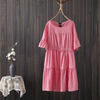 Bell-sleeve Plaid Tiered A-line Dress