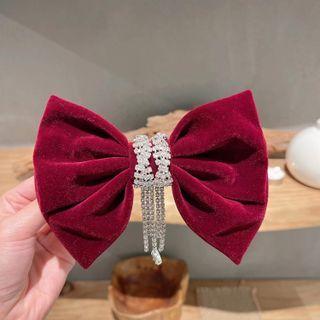 Bow Velvet Hair Clip Silver Rhinestone - Dark Red - One Size