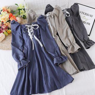Off-shoulder Bell-sleeve Drawstring Bow Dress