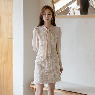 Inset Tie-neck Blouse Tweed Minidress