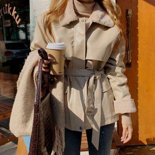 Faux-fur Lined Fuax-leather Jacket With Belt