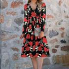 Long-sleeve Floral Knit A-line Dress