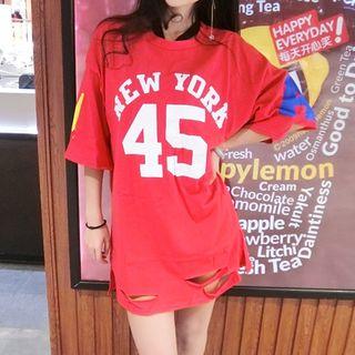 Number Print Ripped 3/4 Sleeve T-shirt Dress