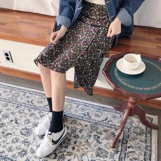 Asymmetric-hem Floral Midi Flare Skirt