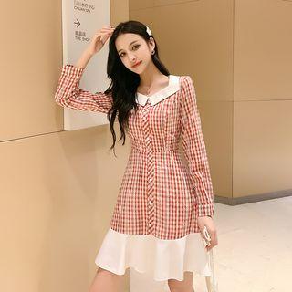 Checked Lace Trim Long-sleeve A-line Skirt