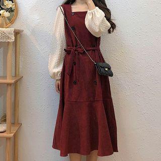 Mock Two-piece Puff-sleeve Paneled Midi Dress