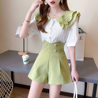 Set: Short-sleeve Ruffle Trim Blouse + High Waist Shorts