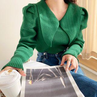 Chelsea-collar Puff-shoulder Rib-knit Top